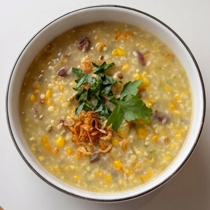 Semangkuk bubur Aceh dengan bawang goreng dan daun seledri