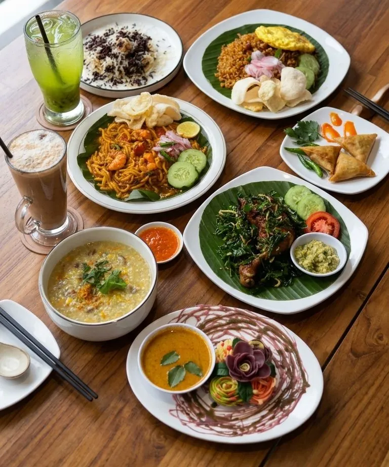 Meja penuh hidangan: mie Aceh, nasi goreng, samosa, bubur, es timun, dan teh tarik