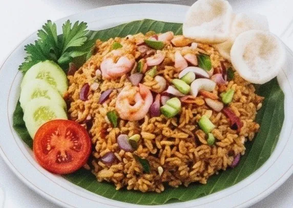 Nasi goreng dengan udang, timun, tomat, dan kerupuk