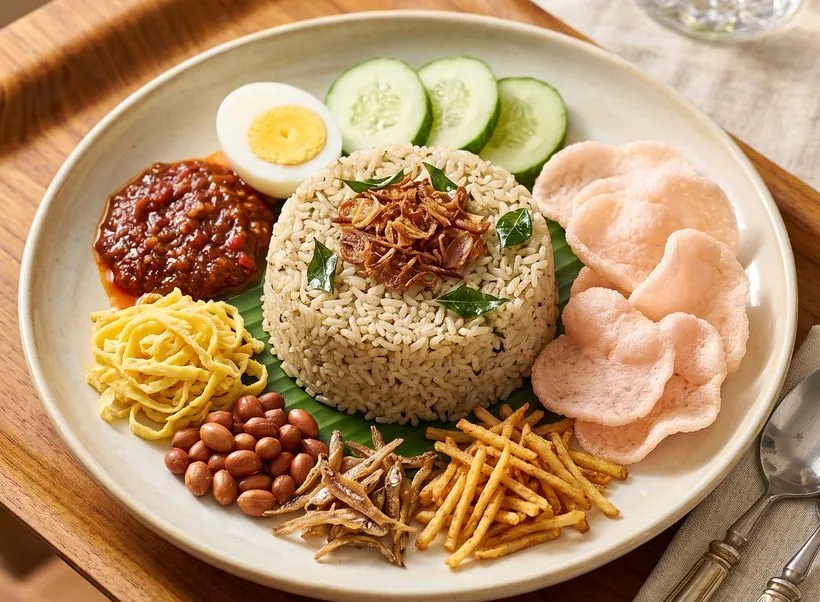 Nasi guri dengan telur rebus, sambal, telur dadar iris, kacang, teri, kentang kering, timun, dan kerupuk